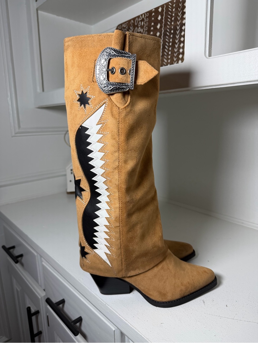 Zodiac Western Boots Women 7 Tan Suede Appliqué Cowboy Boots Boho Festival Tall - Picture 4 of 8